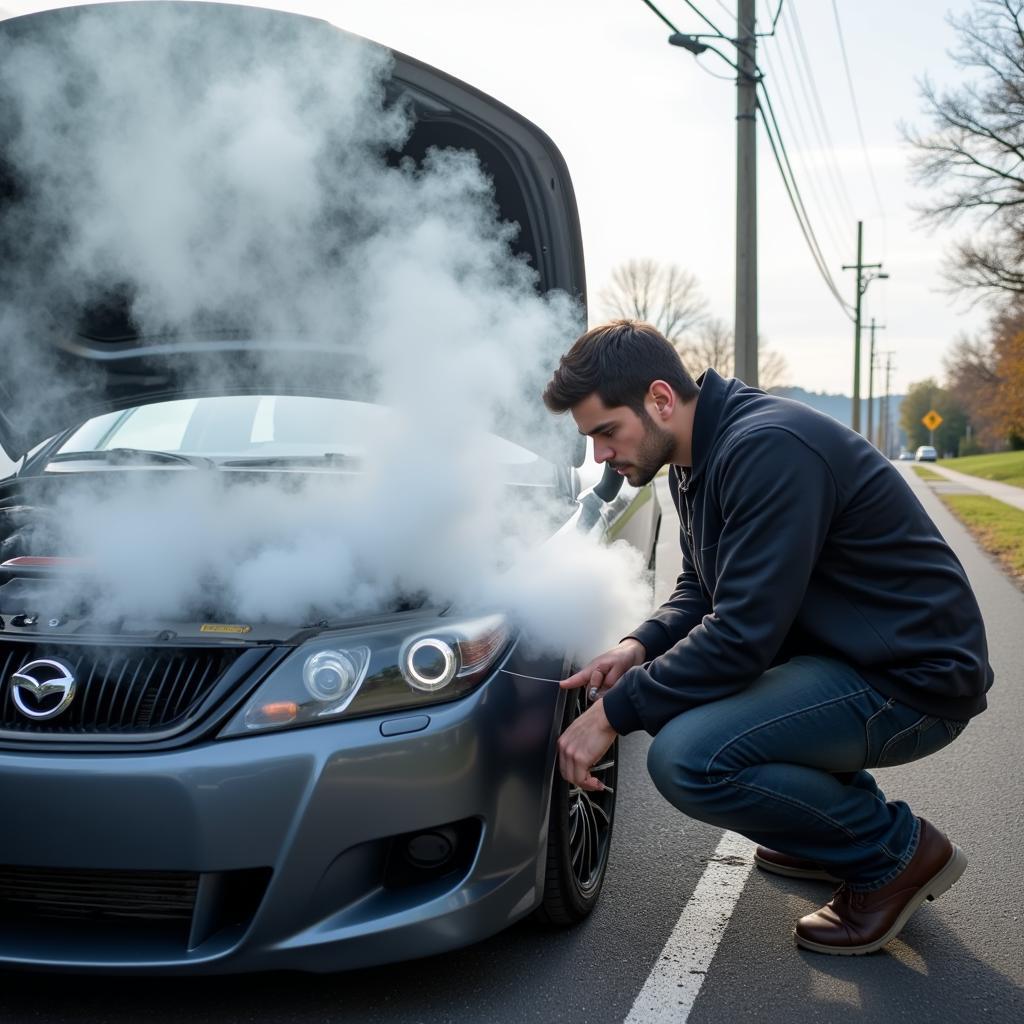 White smoke billowing from car engine indicating coolant leak