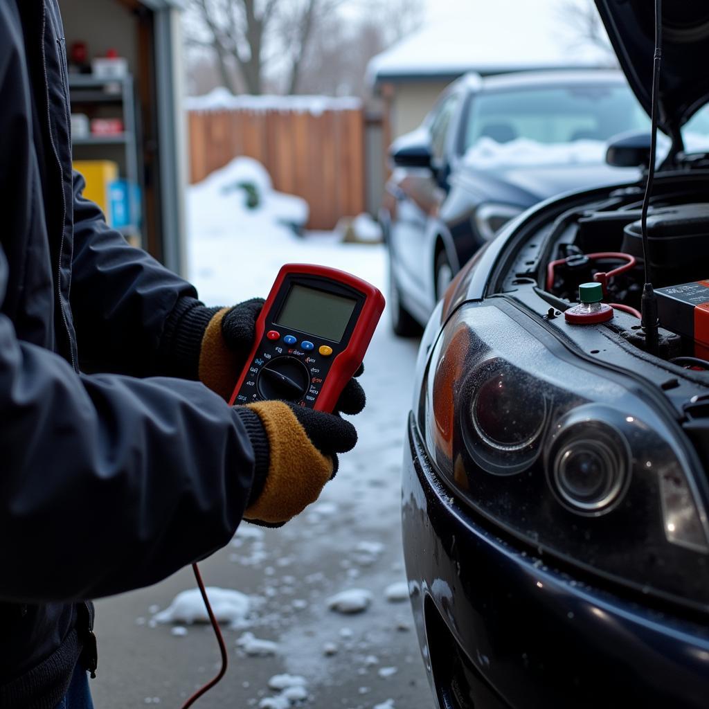 Mechanic checking car battery in winter