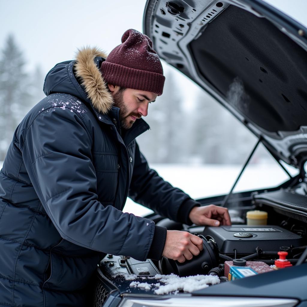 Car owner checking engine oil level in winter