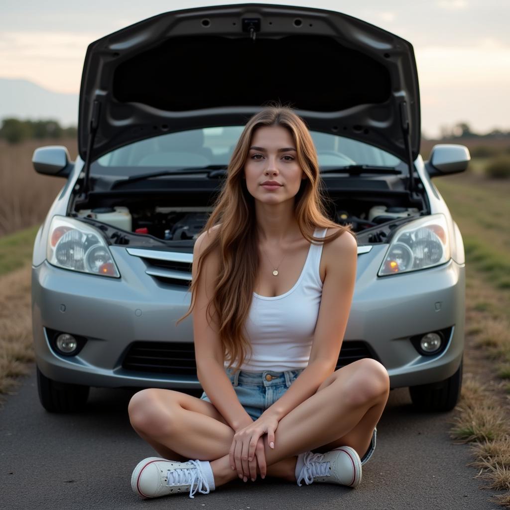 Woman meditating in front of a car with the hood open