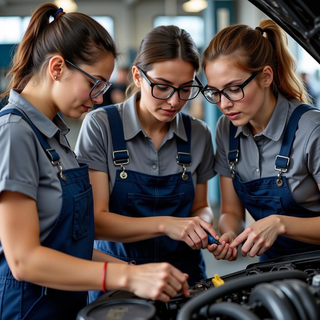 Women Mechanics Working on an Engine