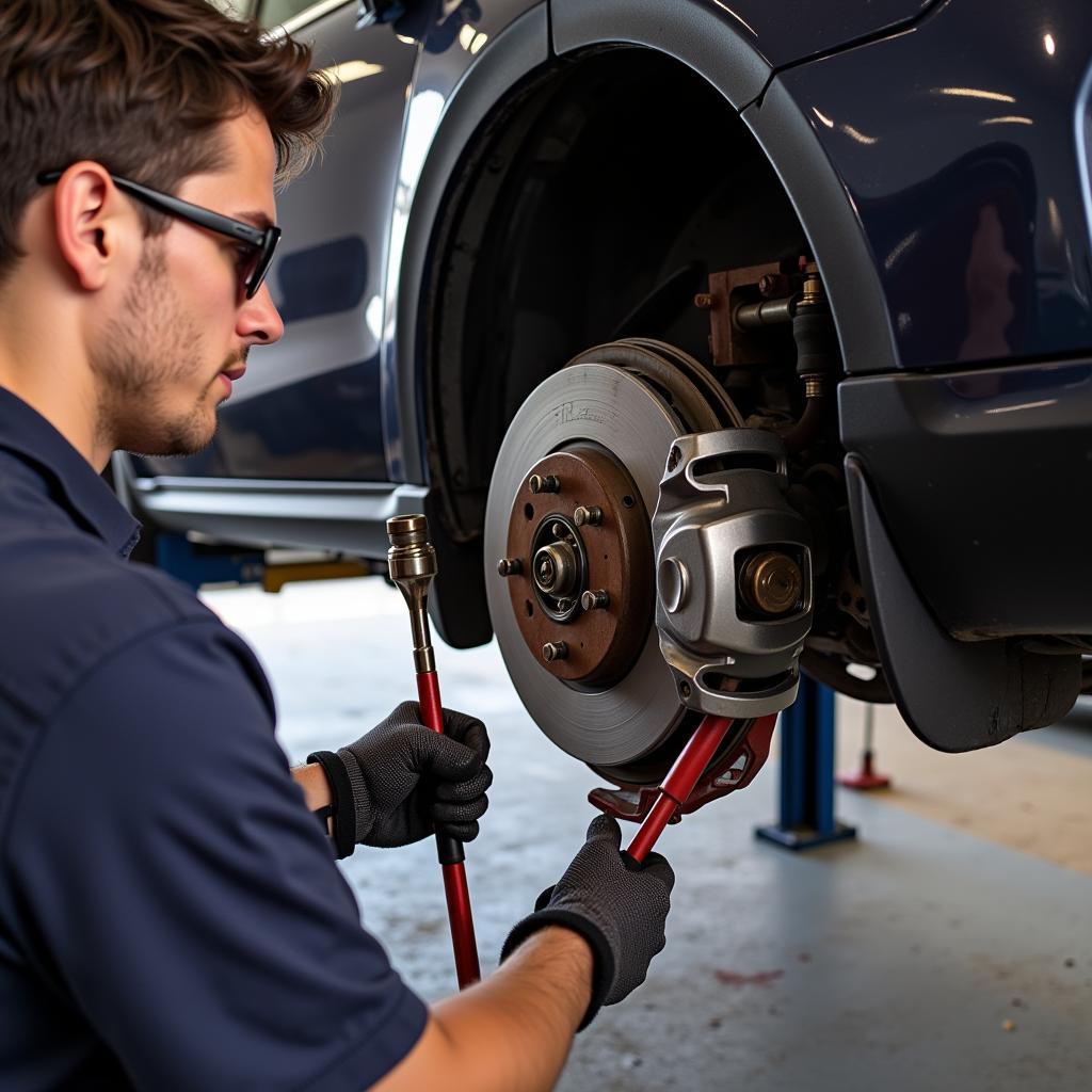 Working on Car Brakes in a Garage