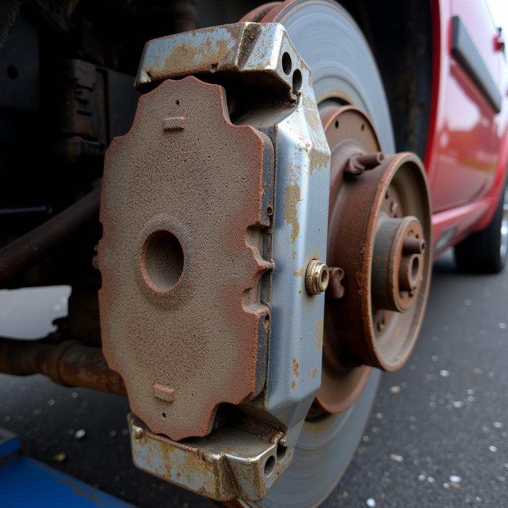 Worn brake pads on a car