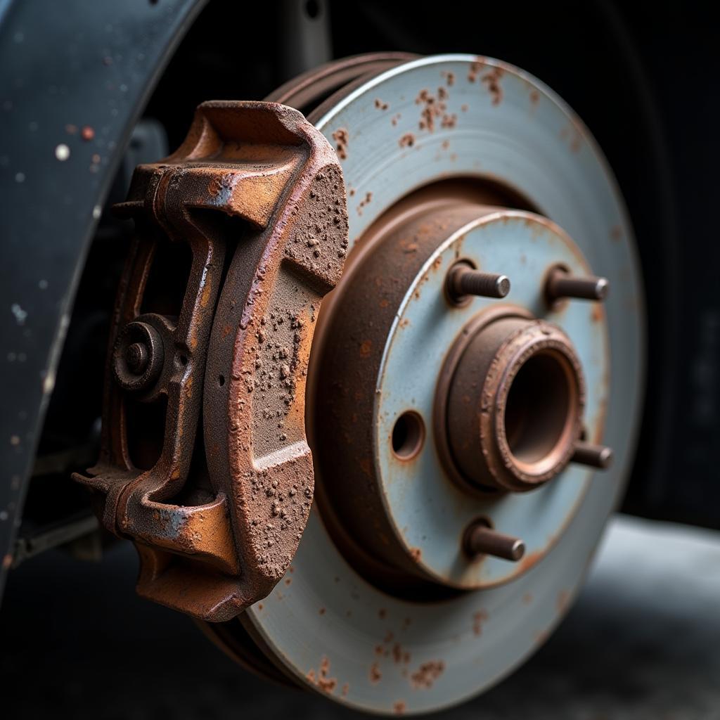 Worn Brake Pads and Rotors Showing Significant Wear and Tear