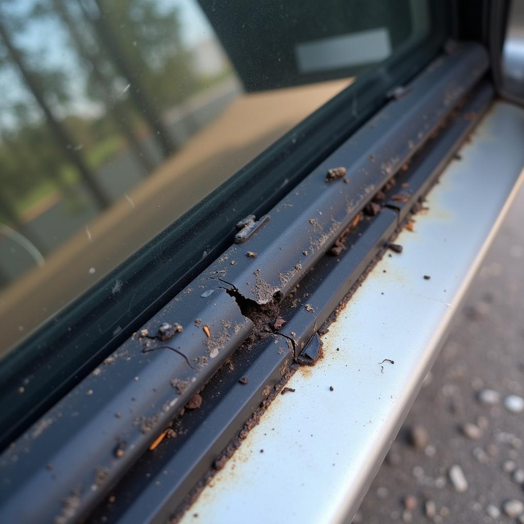 Close-up of a worn and cracked car door seal