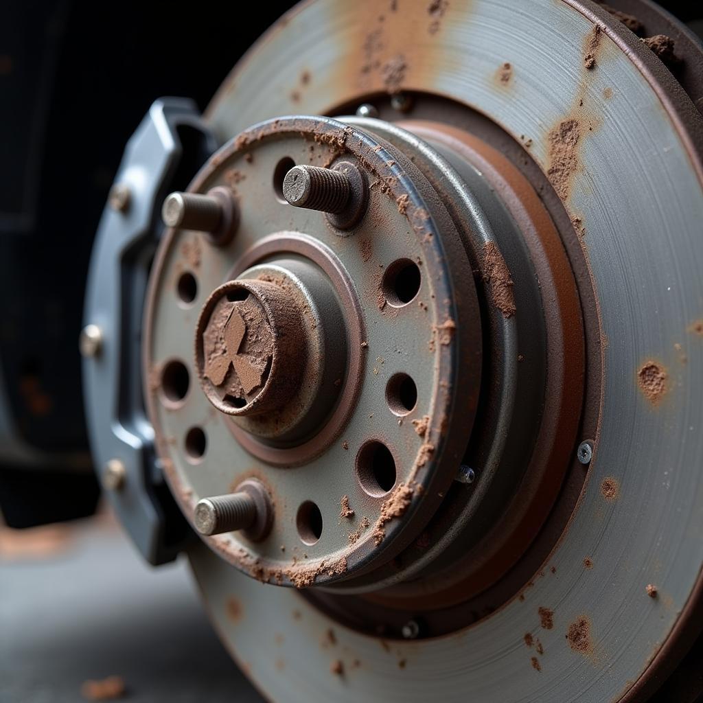 Worn-out brake pads on a Mitsubishi car