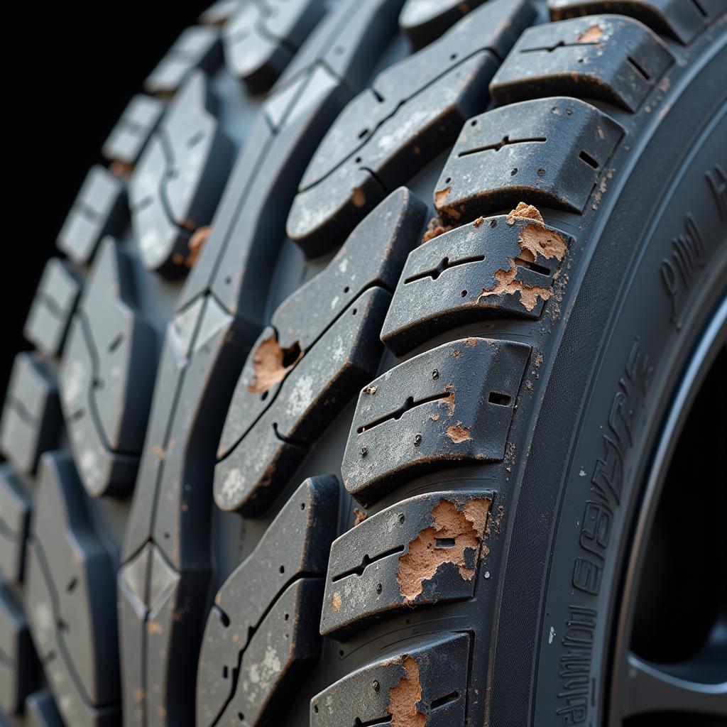 Worn-out car tire with visible damage