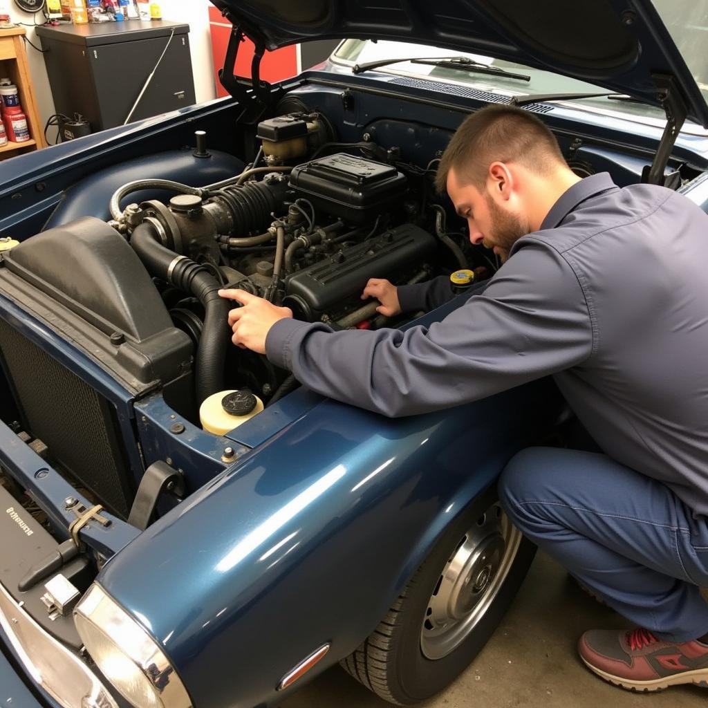 Inspecting the engine of a 20-year-old car for potential issues