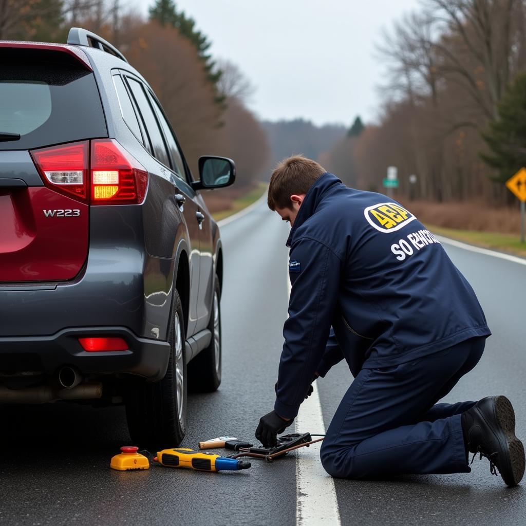 AAA Roadside Assistance Technician Changing a Flat Tire