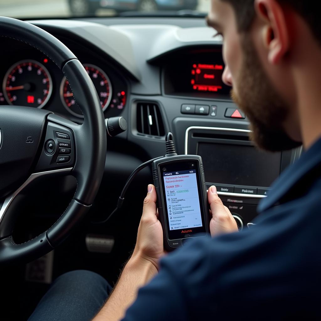 Troubleshooting Acura Electrical Systems: A mechanic uses a diagnostic tool to identify and troubleshoot electrical problems in an Acura vehicle.