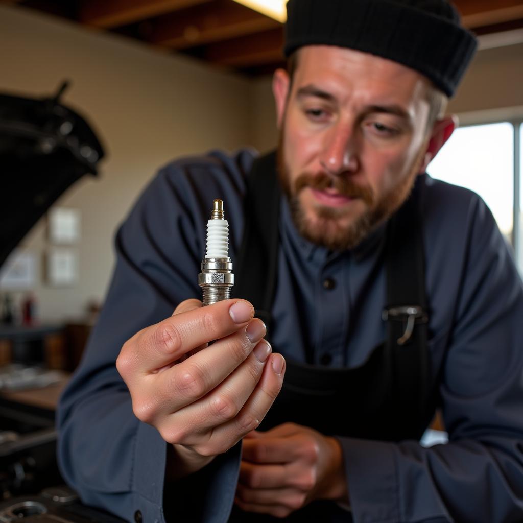 Amish mechanic checking spark plugs