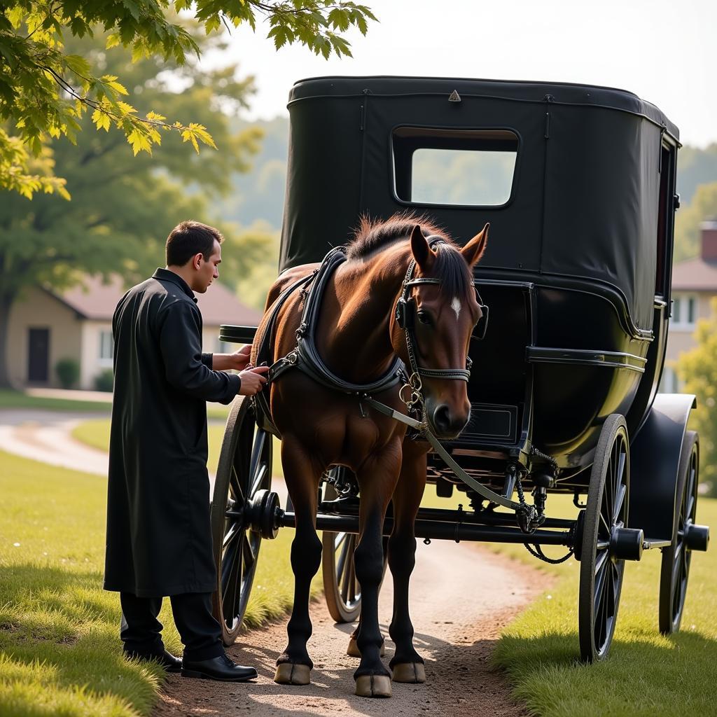 Amish Performing Oil Change on Horse-Drawn Buggy