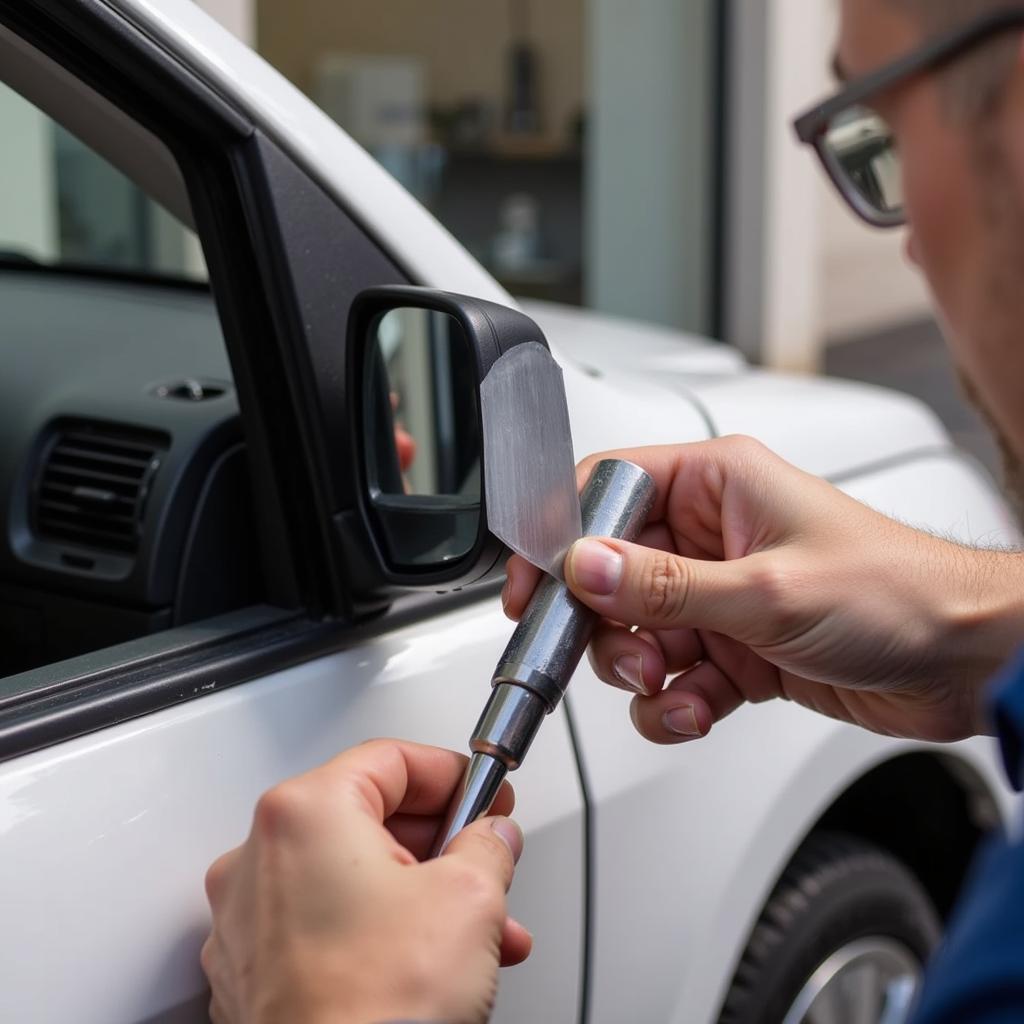 Applying Adhesive to Car Mirror