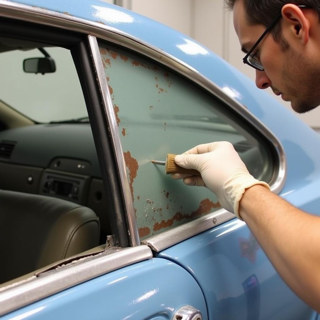 Applying Body Filler to a Car Rust Repair