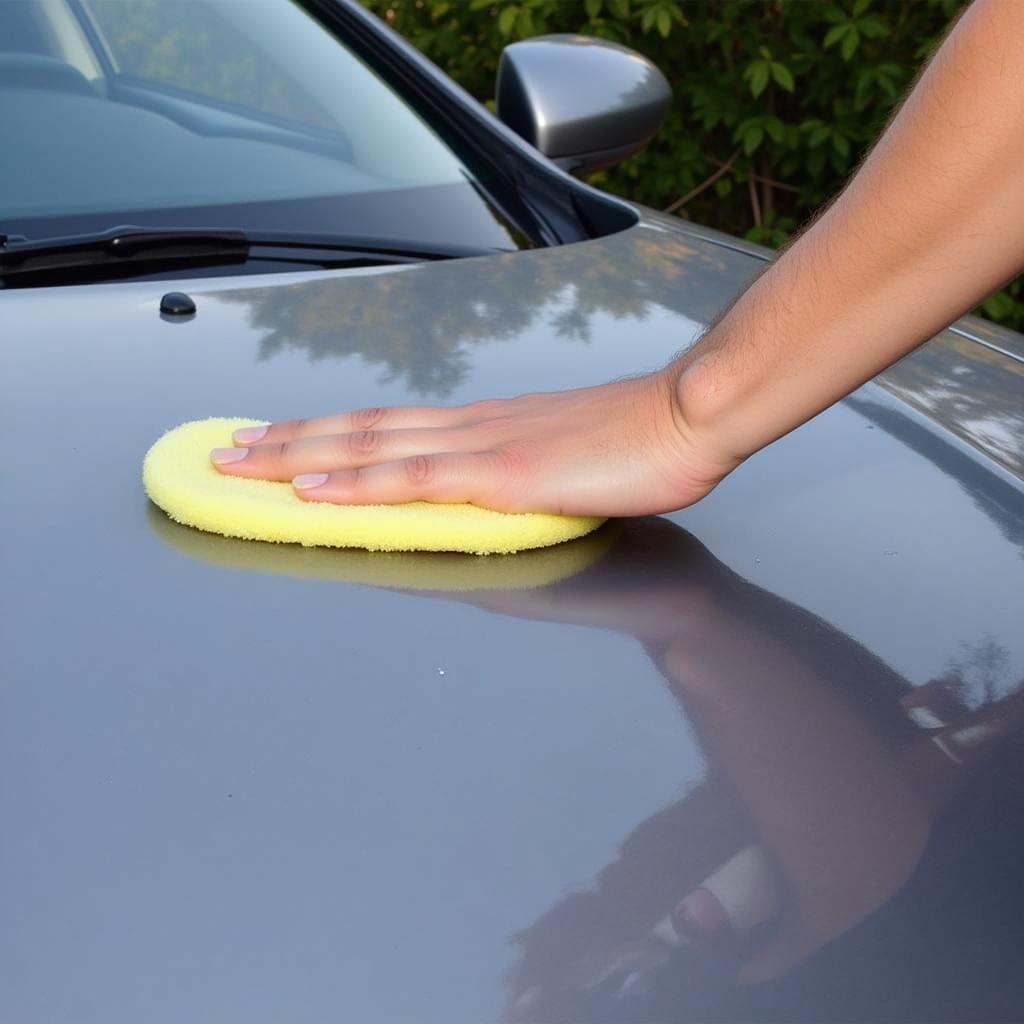 Applying wax to a car after repairing scratches.