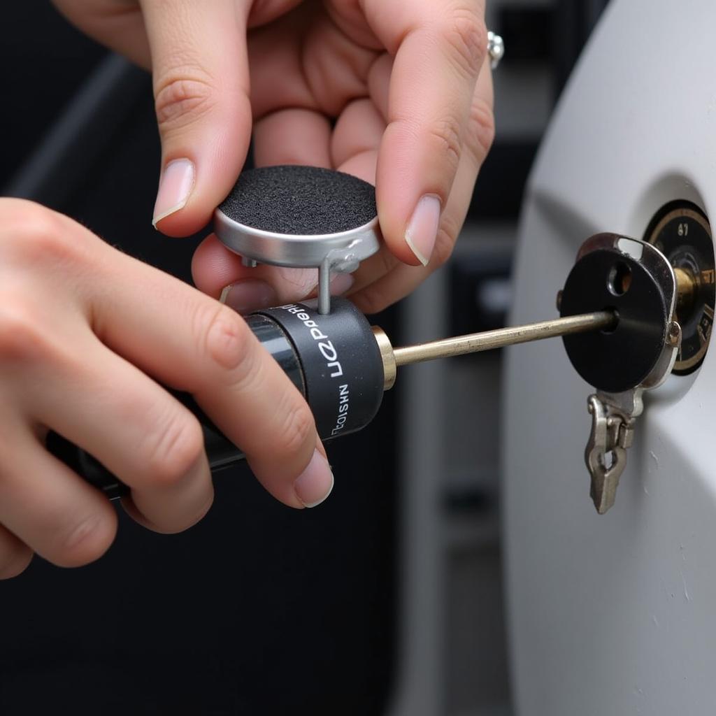 Applying Graphite Lubricant to Car Lock Cylinder