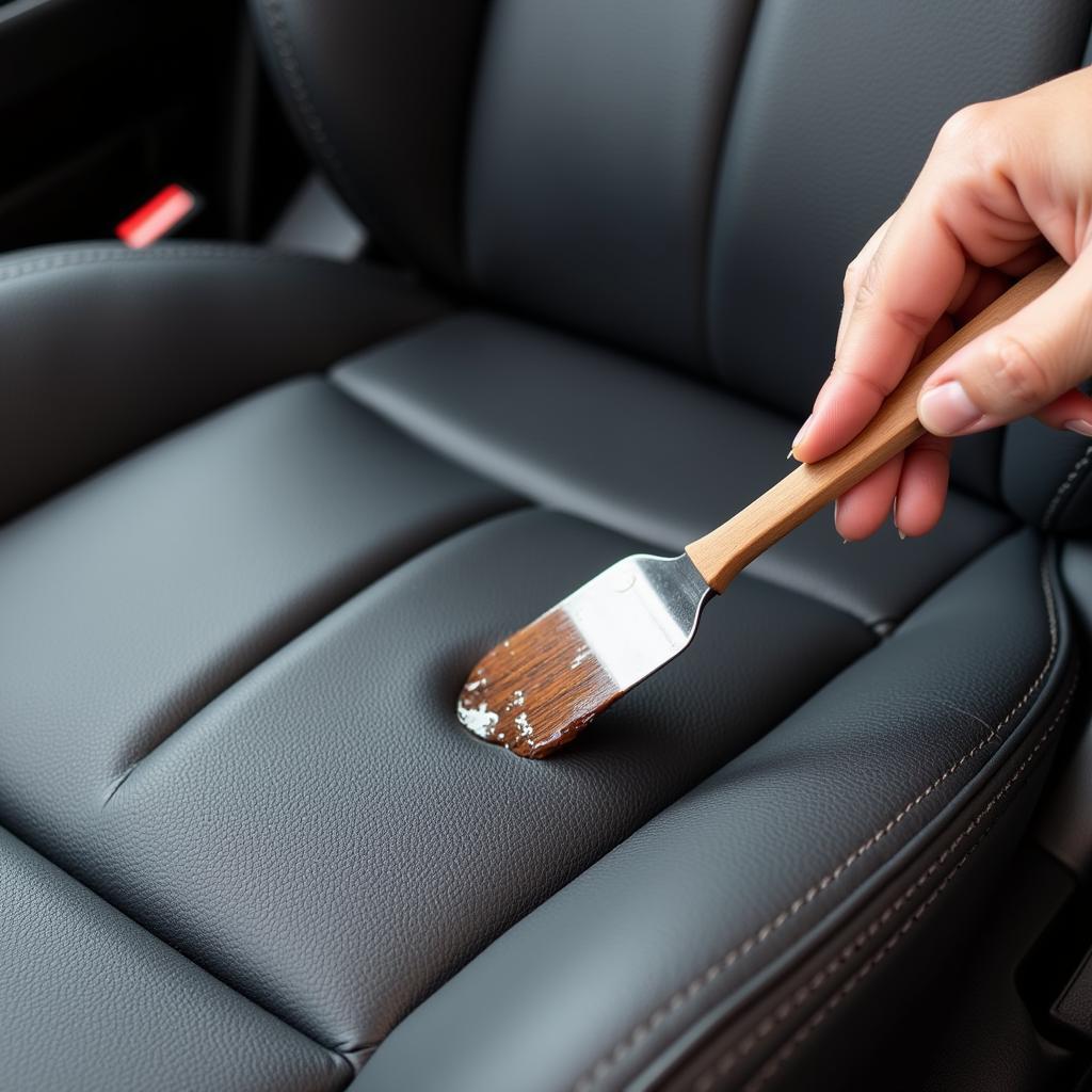 Applying leather filler to a ripped car seat as part of the repair process.