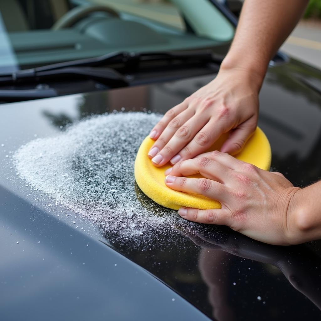 Applying rubbing compound to a car roof to remove sun damage