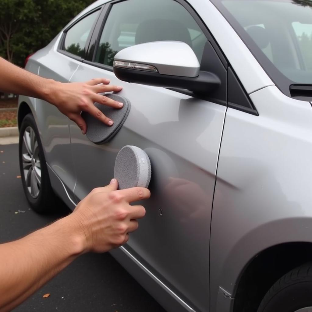 Applying Rubbing Compound to Car Scratch