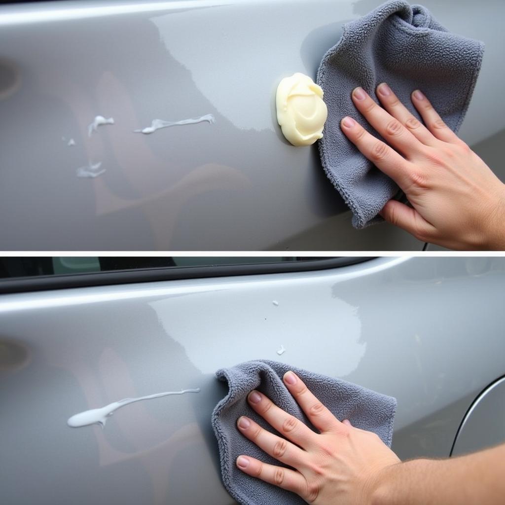 Applying rubbing compound to car scratch