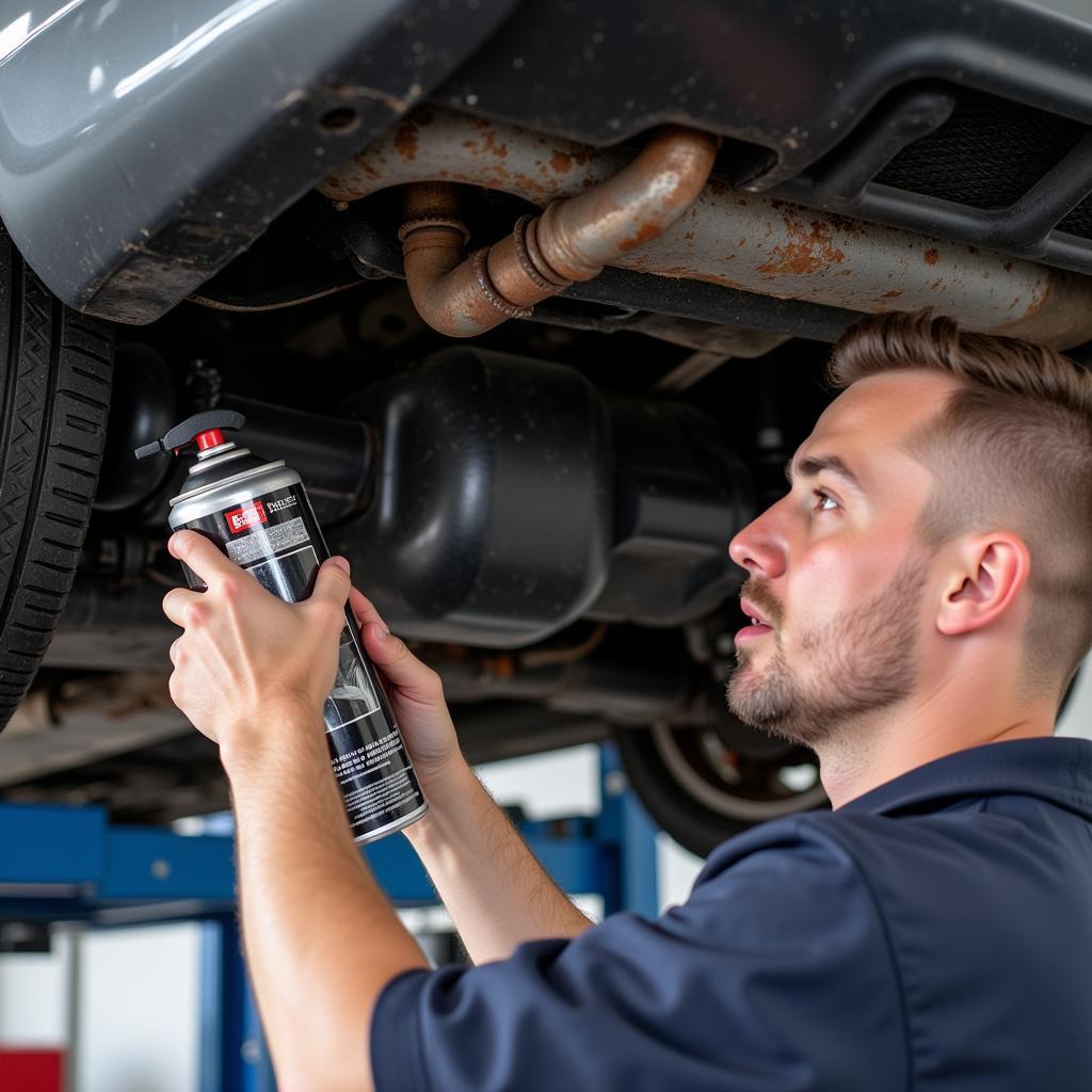 Applying rustproofing treatment to car undercarriage