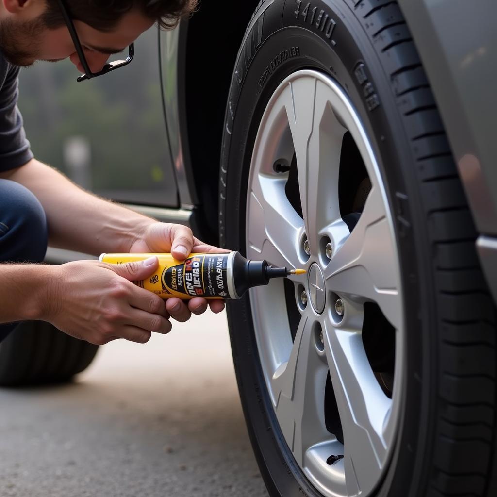 Applying tire sealant to a car tire