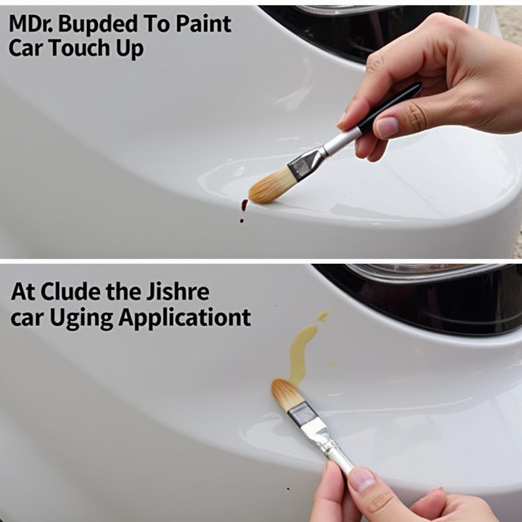 Applying touch-up paint to a car bumper scratch.