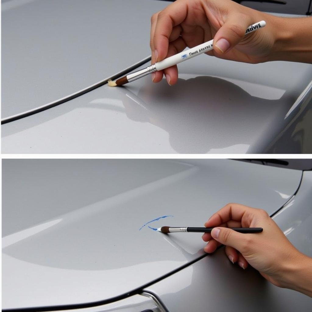 Applying touch-up paint to a car hood scratch