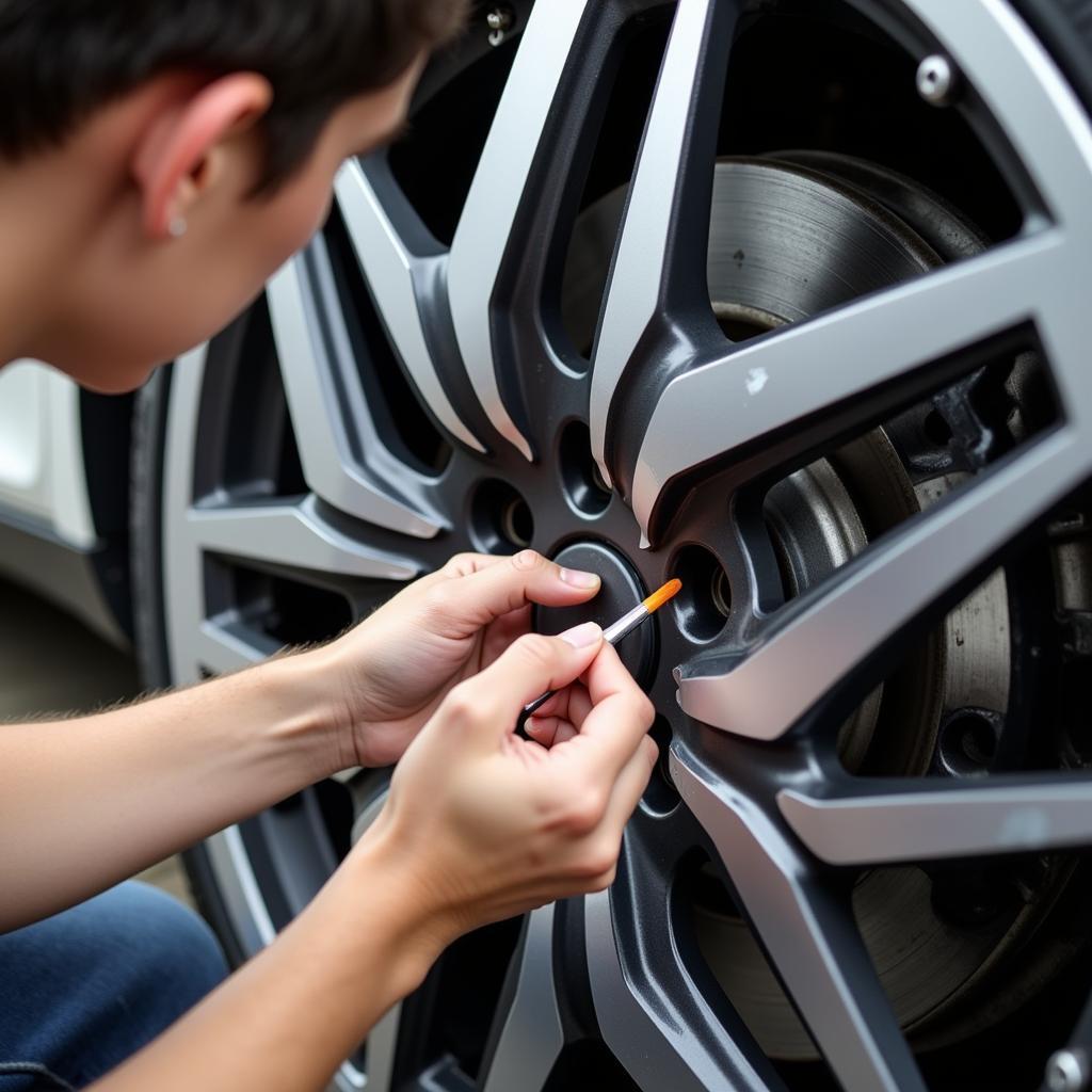 Applying touch-up paint to car wheel scratch