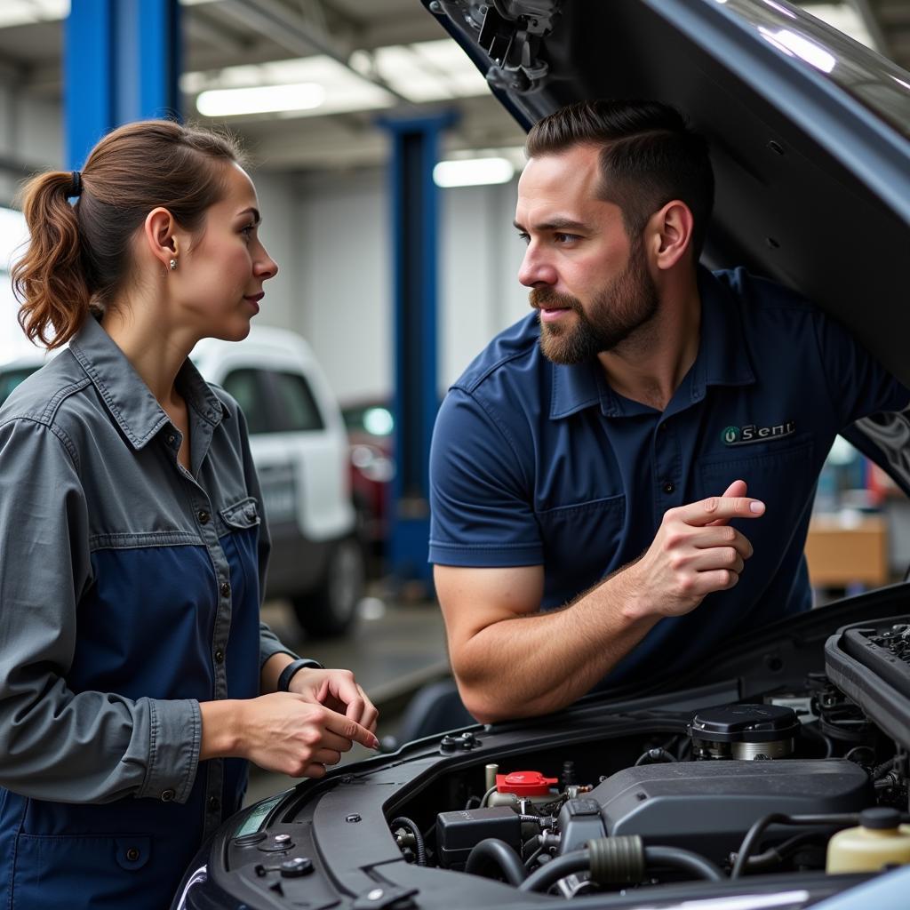 Mechanic answering car owner's questions during maintenance