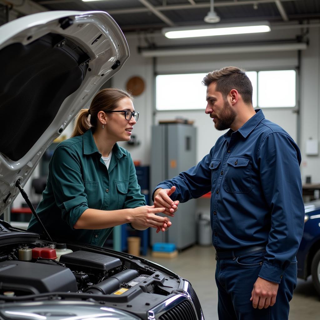 Asking questions at a car fix garage to the mechanic