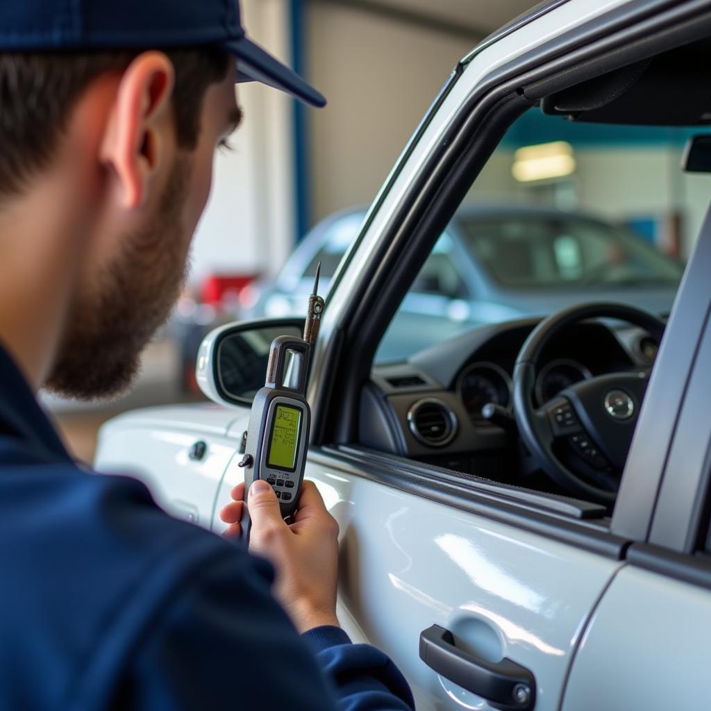 Mechanic Inspecting Car Roof Dent for Structural Damage