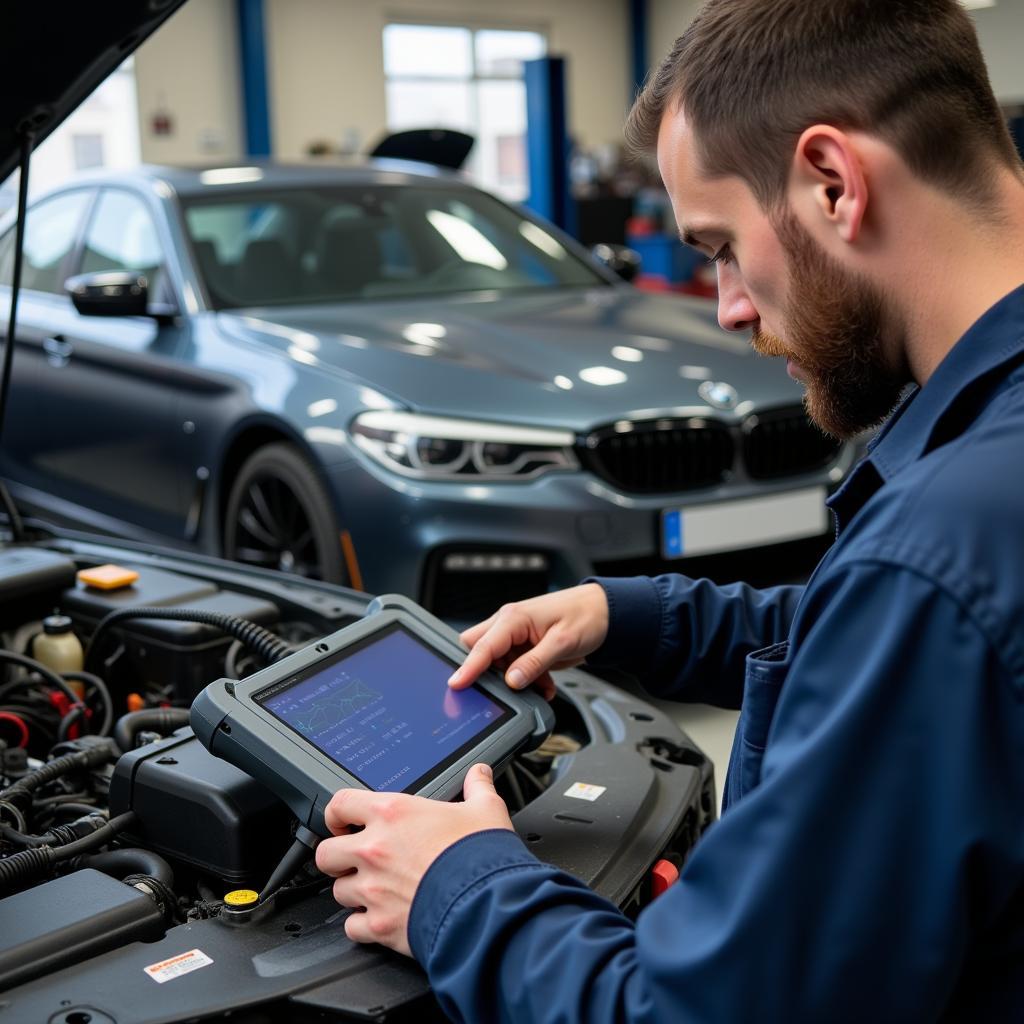 Mechanic using a diagnostic scanner on a car in Athens