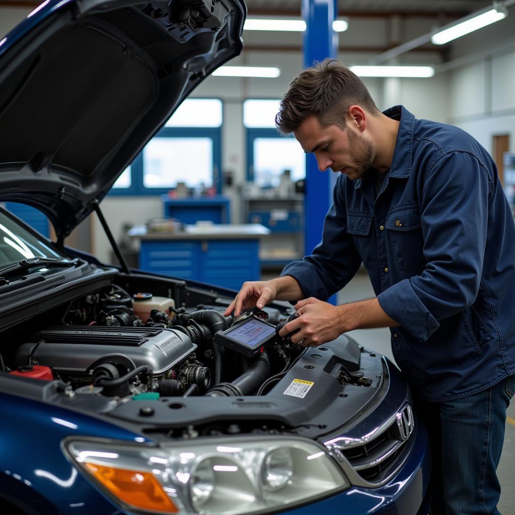 Auto mechanic working on Honda engine