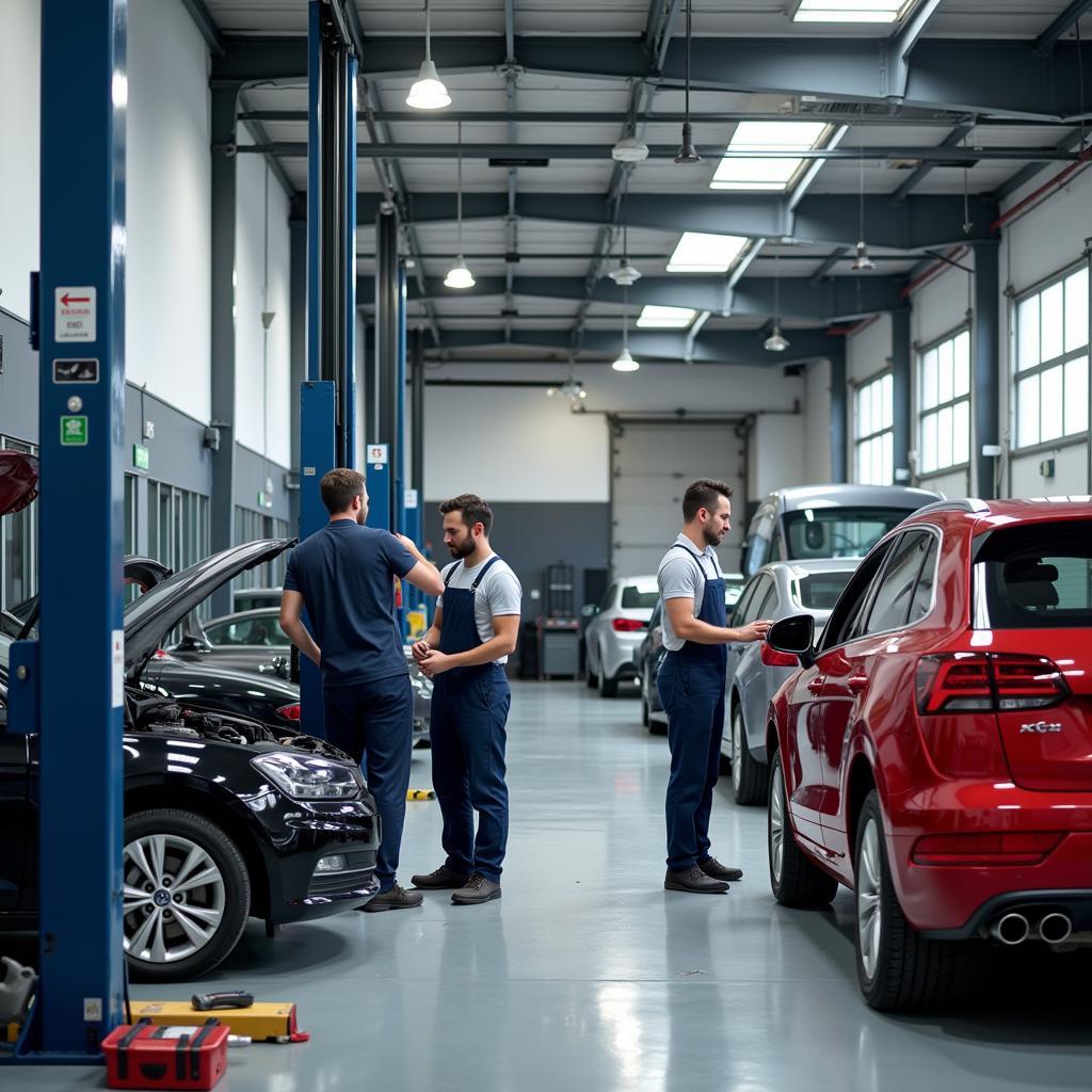 Professional Auto Repair Shop with Mechanics Working