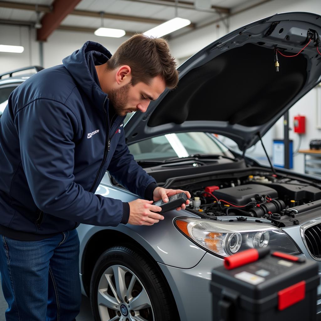 Professional automotive electrician diagnosing car electrical system