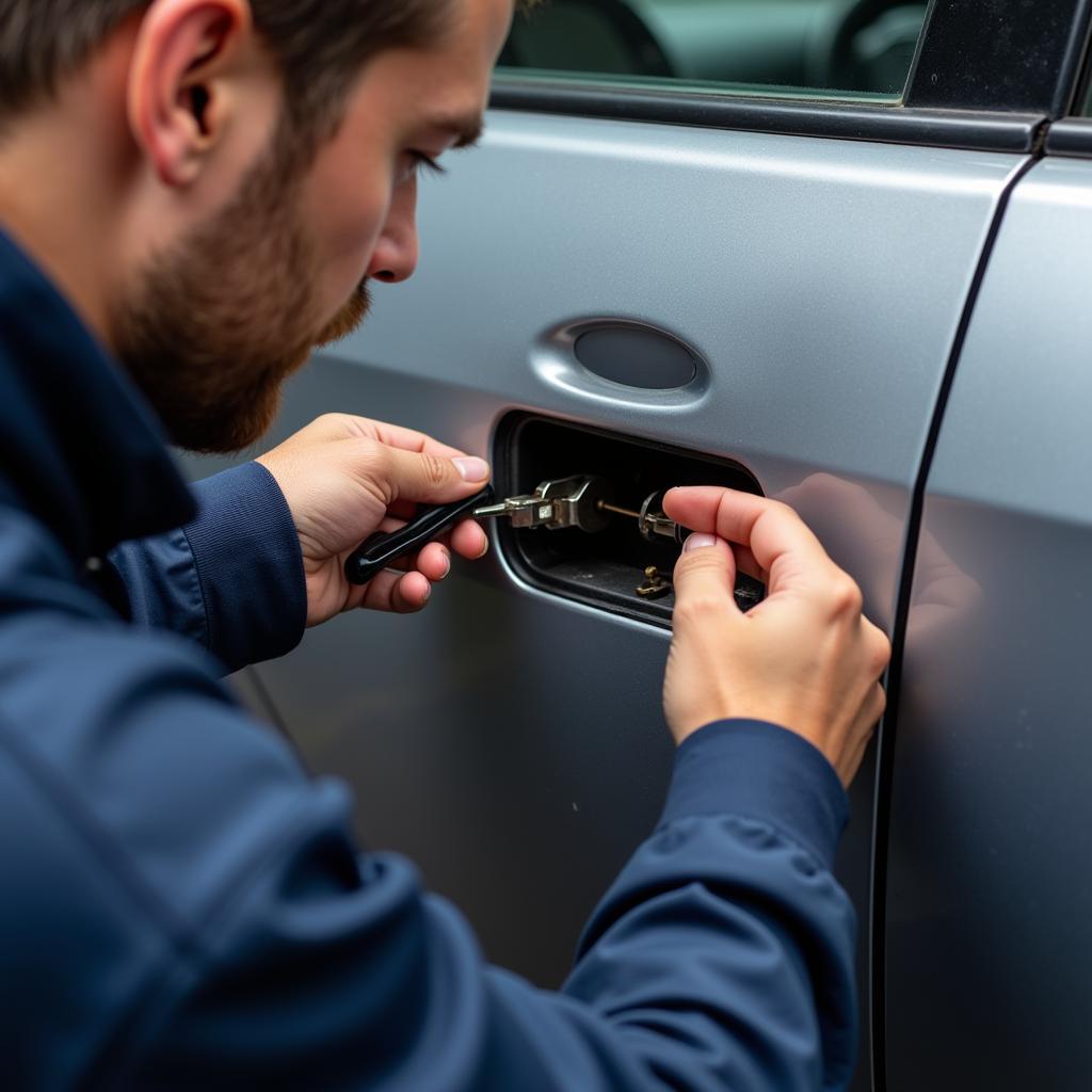 Automotive Locksmith Working on Car Lock