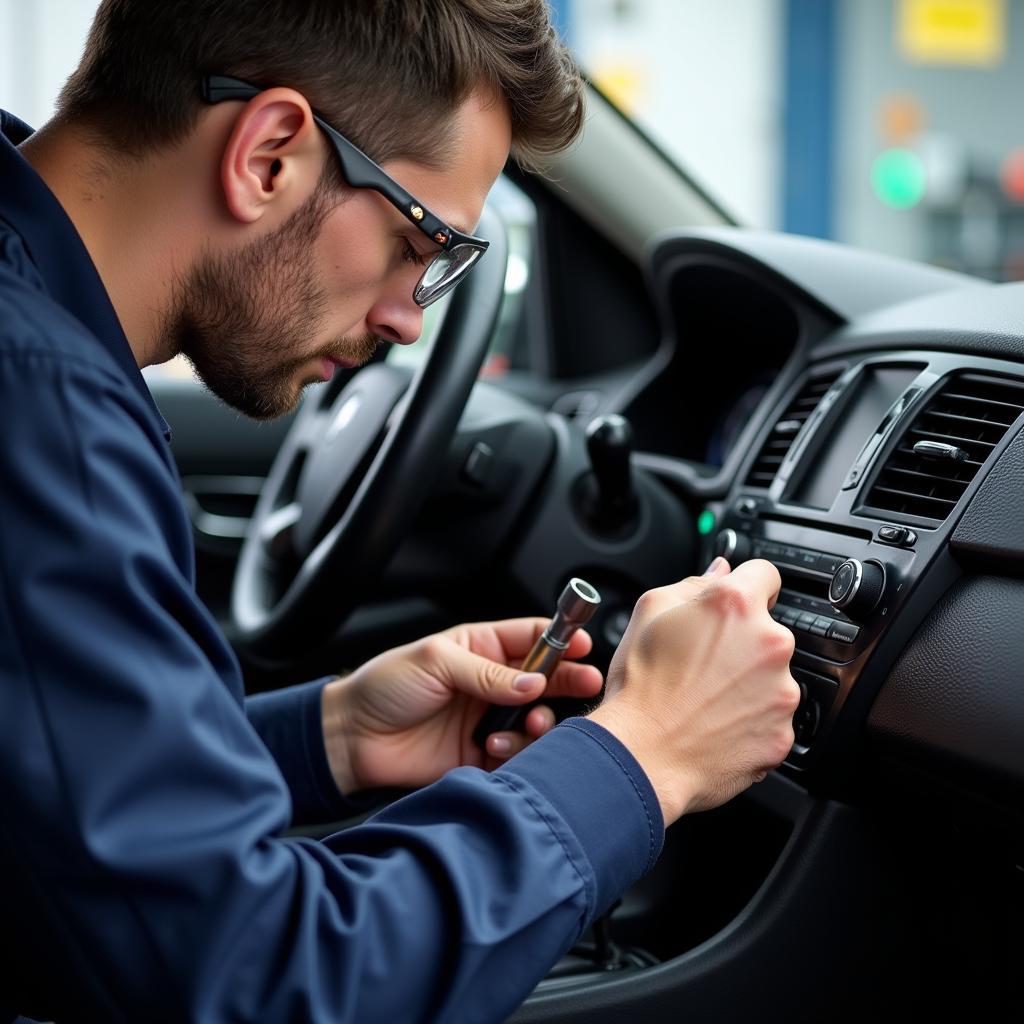 Automotive Technician Repairing AC Button