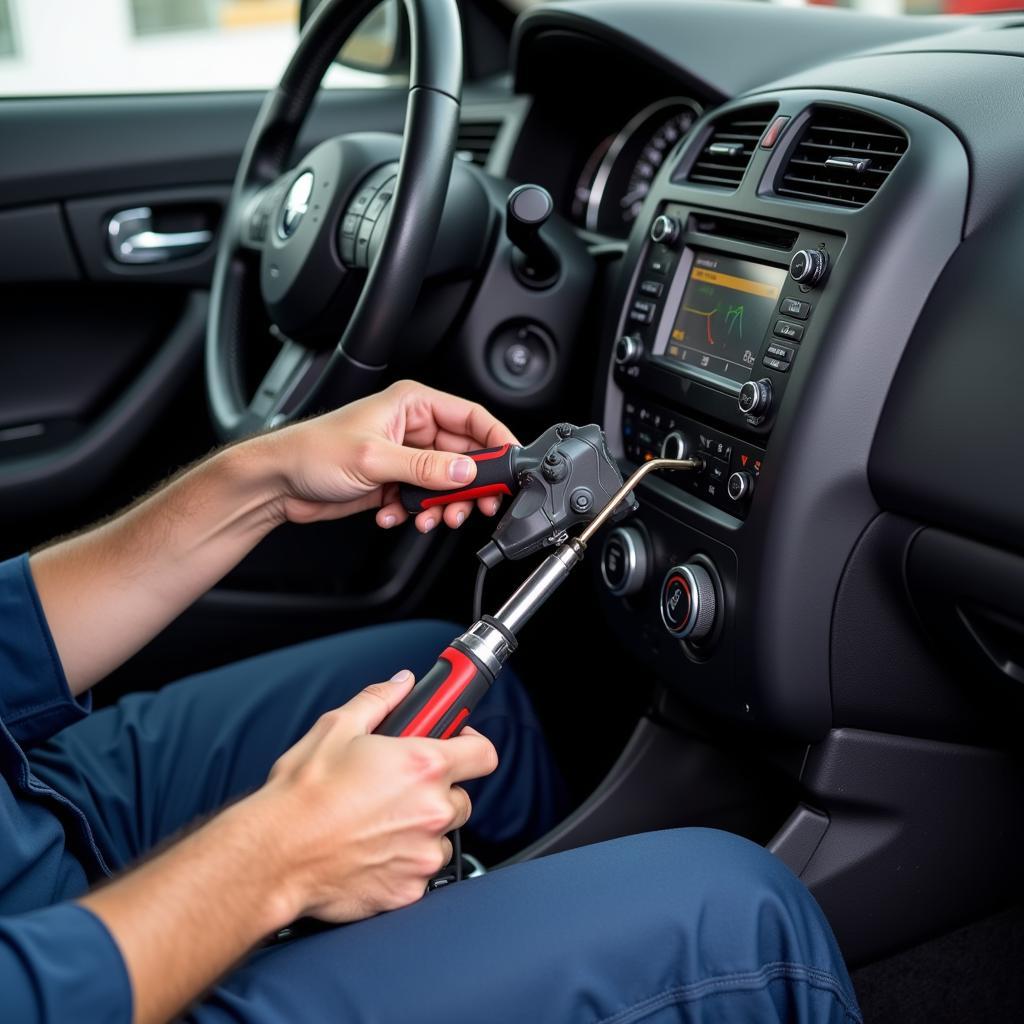 Technician repairing car AC