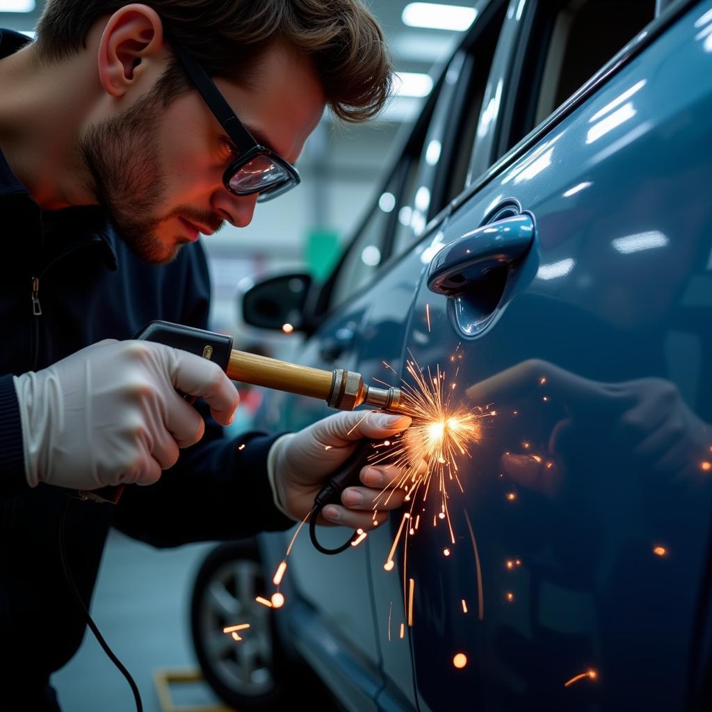 Body shop technician expertly repairing car damage