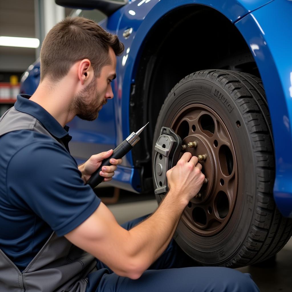 Mechanic inspecting car brakes