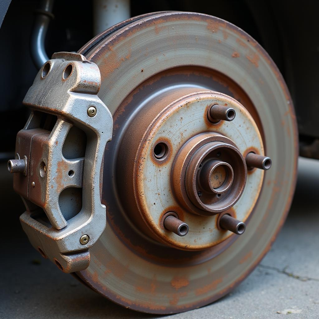 Worn brake pads and rotor on a car