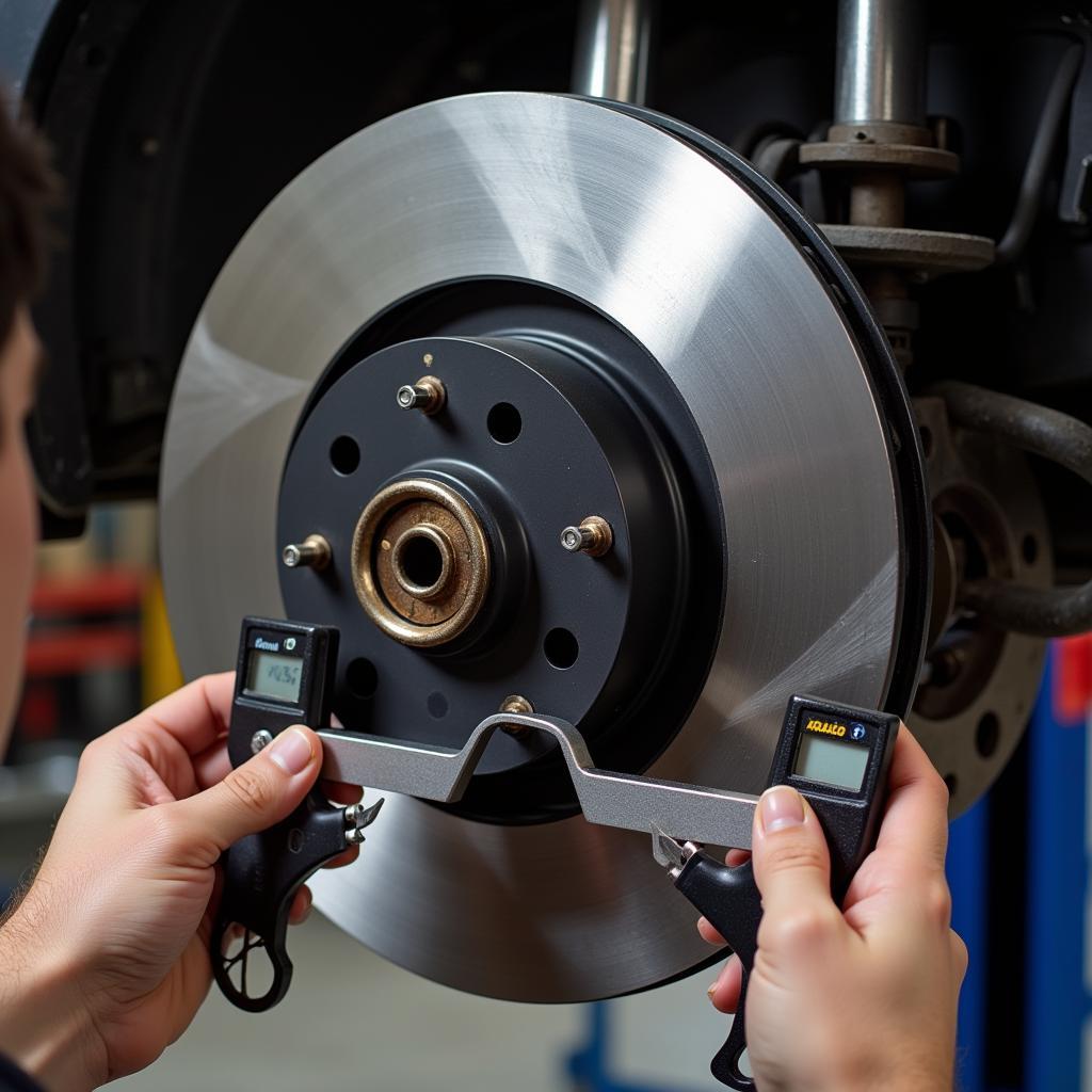 Mechanic inspecting brake rotor for damage