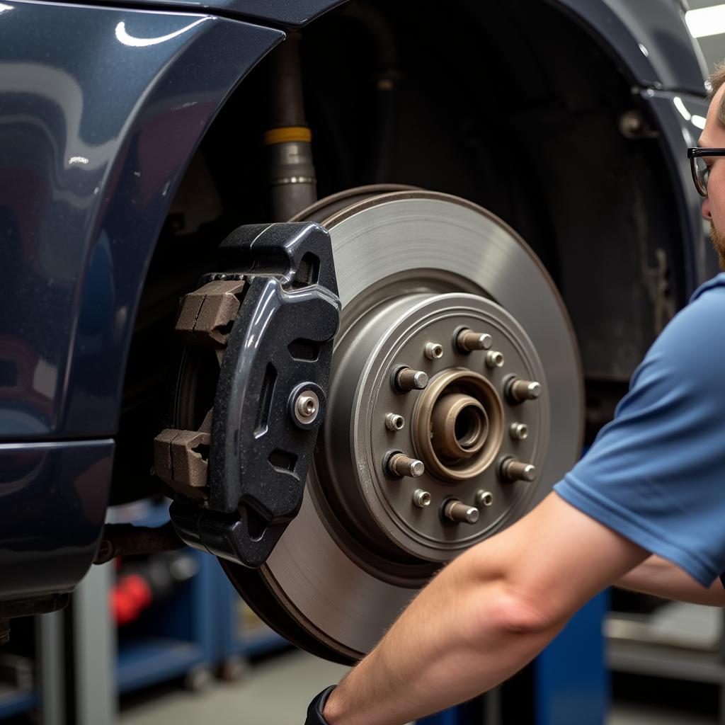 Mechanic inspecting the brake system of a high-mileage car