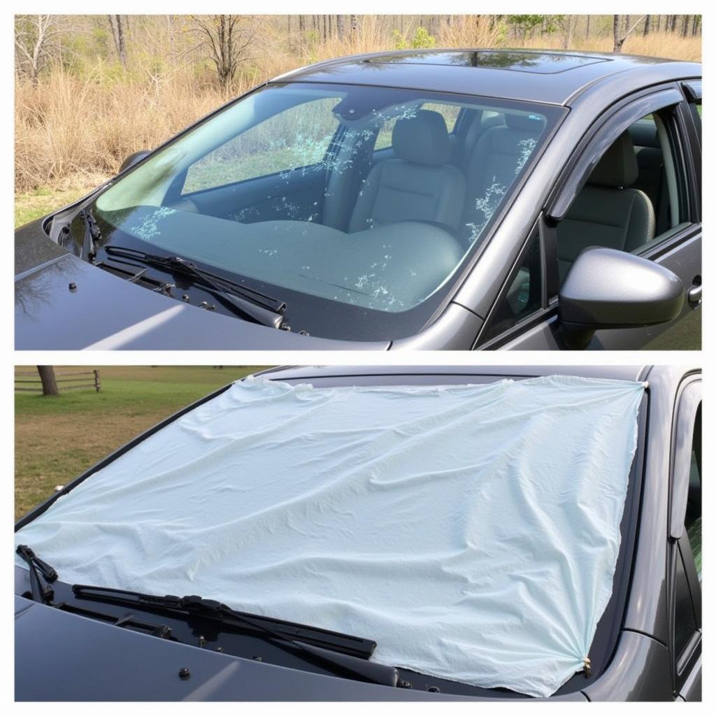 Sealing a broken car window with plastic and duct tape