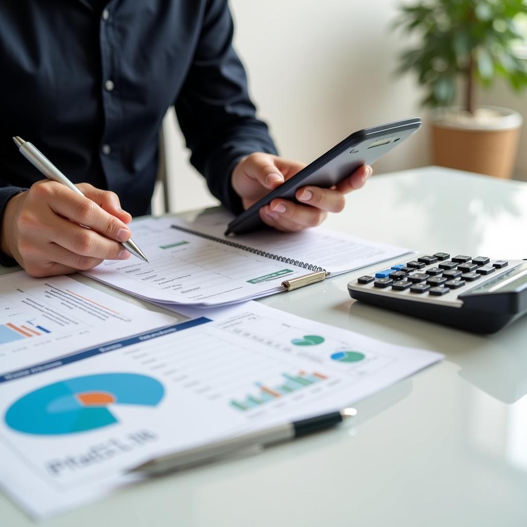 Calculating Car Loan Affordability: A person uses a calculator and reviews financial documents to determine their car loan budget.