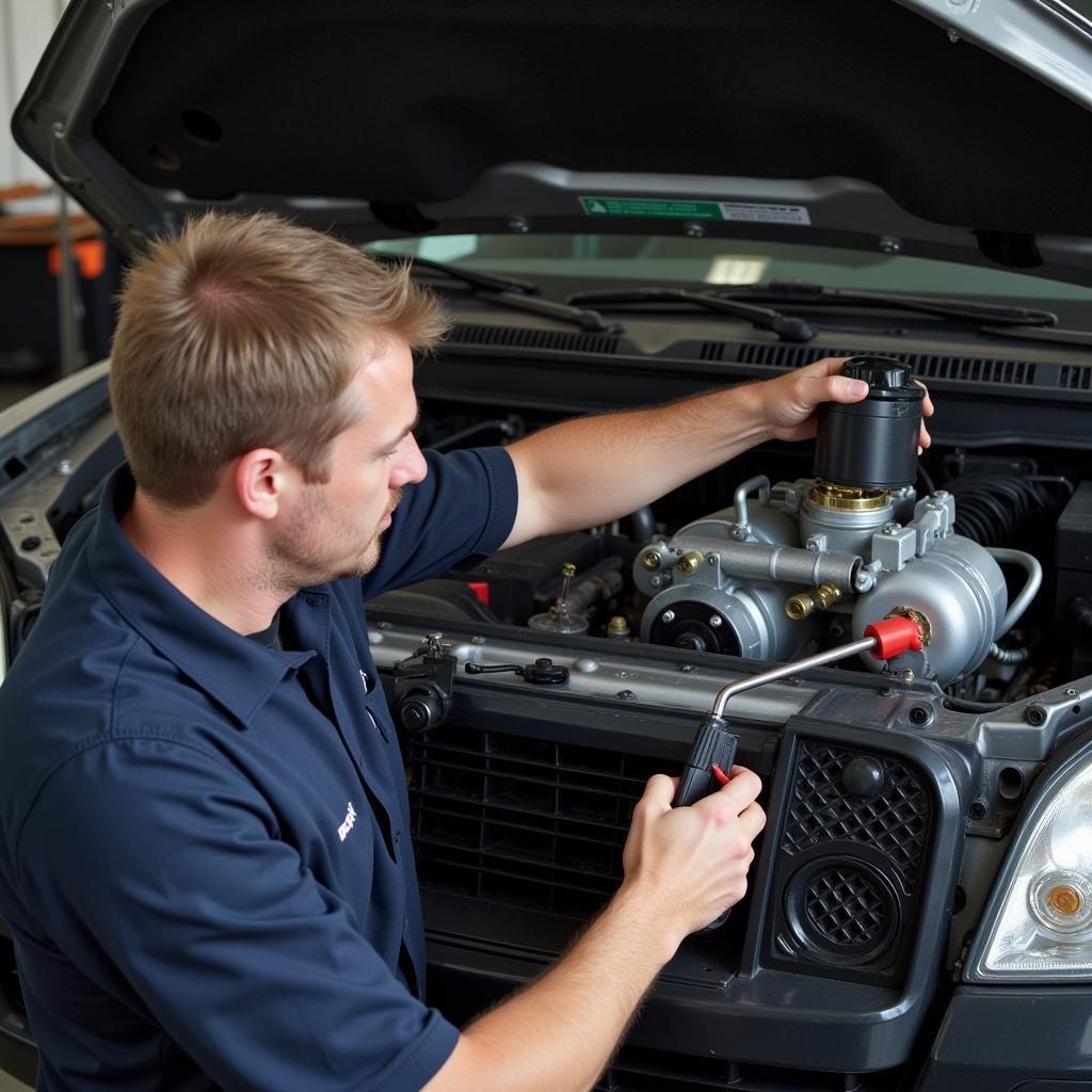 Mechanic Inspecting Car AC Compressor