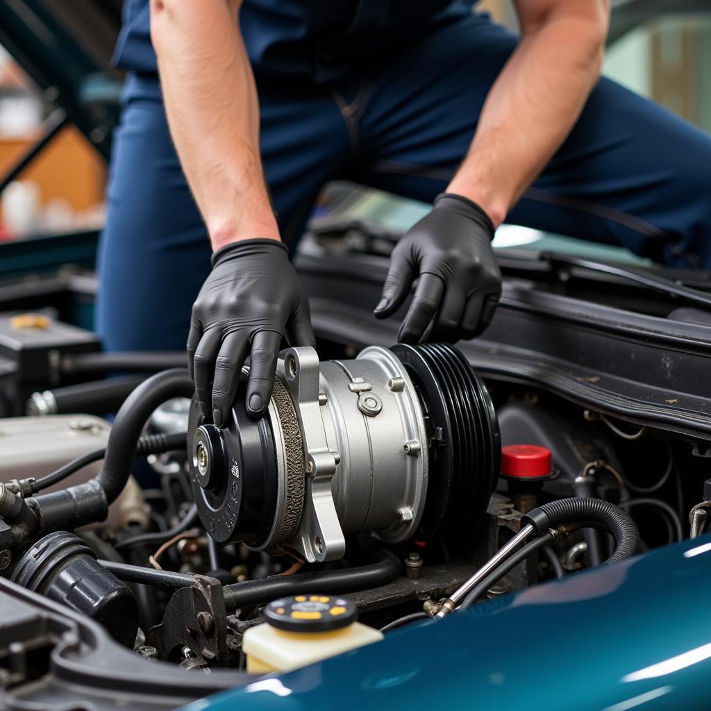 Mechanic Repairing Car AC Compressor