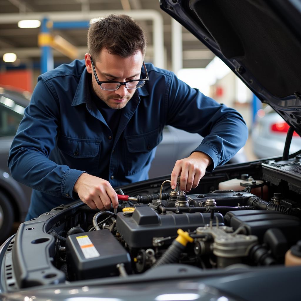 Mechanic repairing car AC system