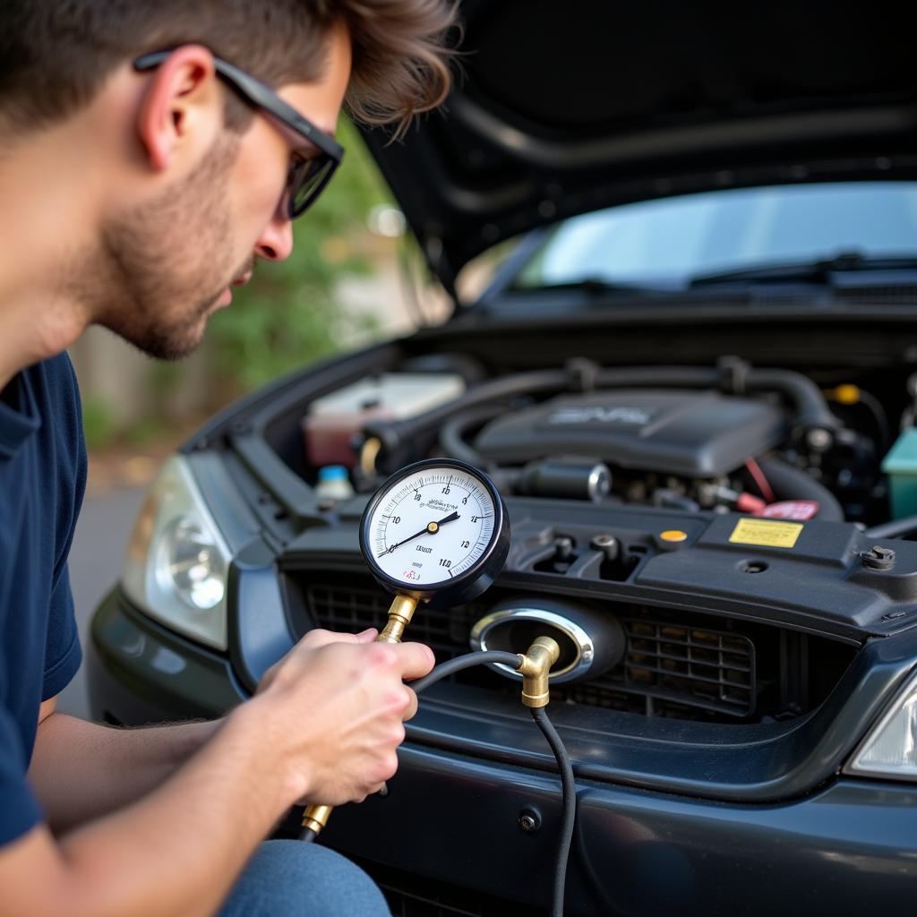 Checking car AC refrigerant levels with a gauge